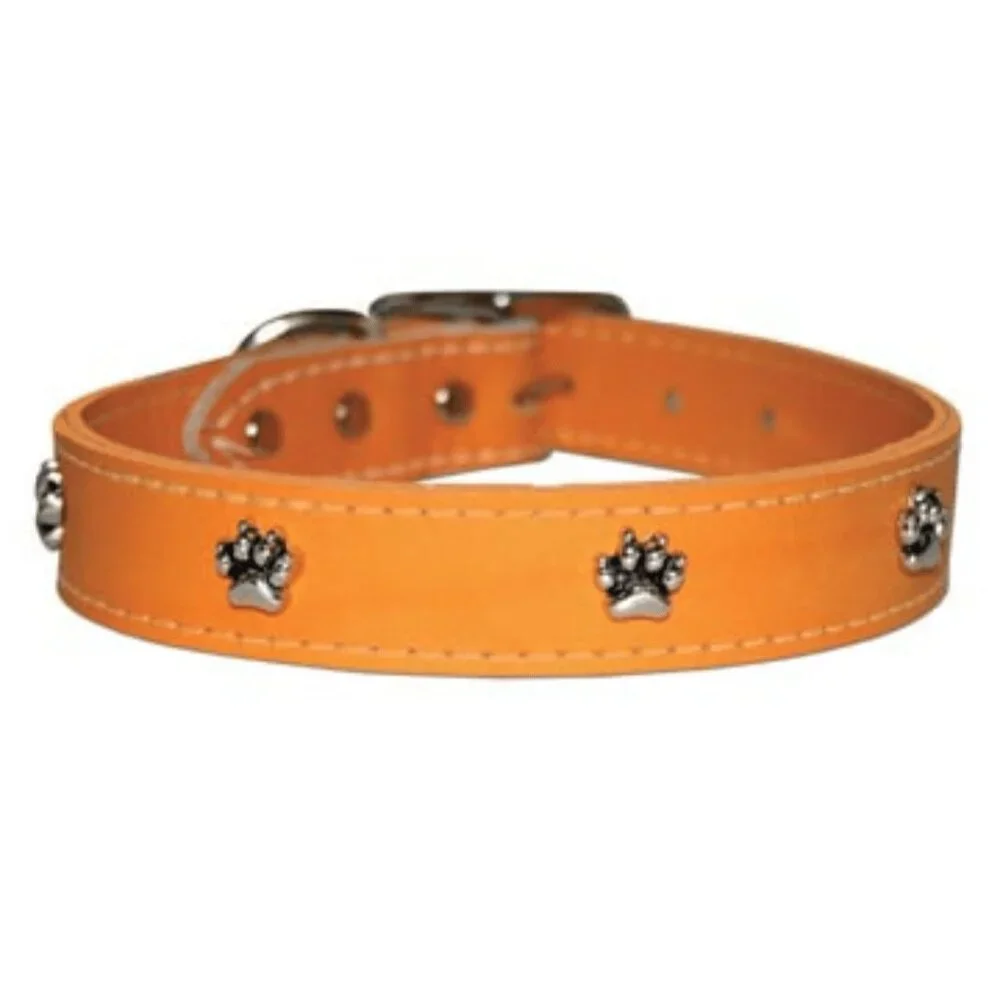 NWT - Orange Leather Pet Collar with Paw Print Ornaments